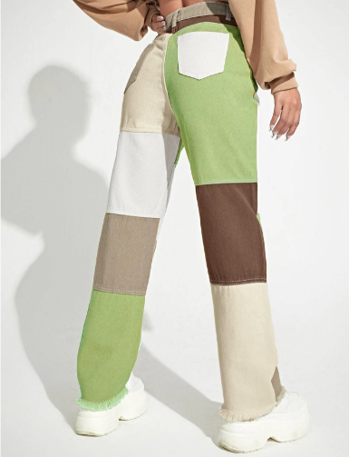 green fashion patchwork pants